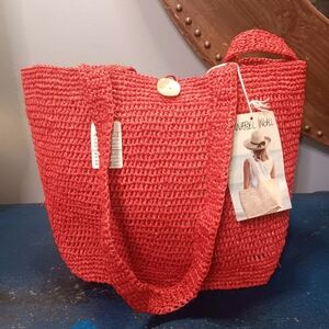 Coral Crochet Tote Bag with Button Top